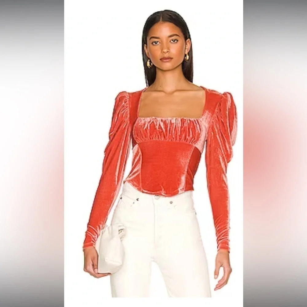 NWT‎ Free People Hold Me Puff Sleeve Velvet Top in crush blush